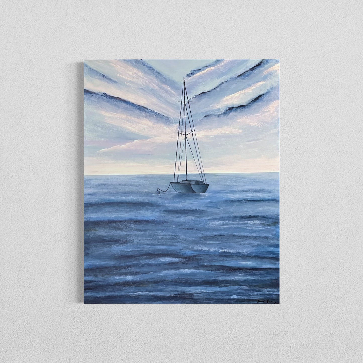 Stay Anchored, 20"x24" original acrylic ocean painting of a solitary sailboat in blue