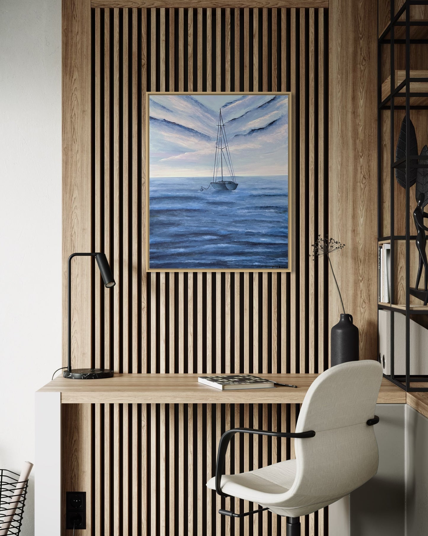 Stay Anchored, 20"x24" original acrylic ocean painting of a solitary sailboat in blue