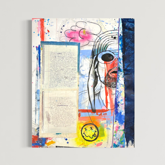 Mixed-media painting abstract expressionism art with Kurt Cobain Nirvana on raw-edge canvas 