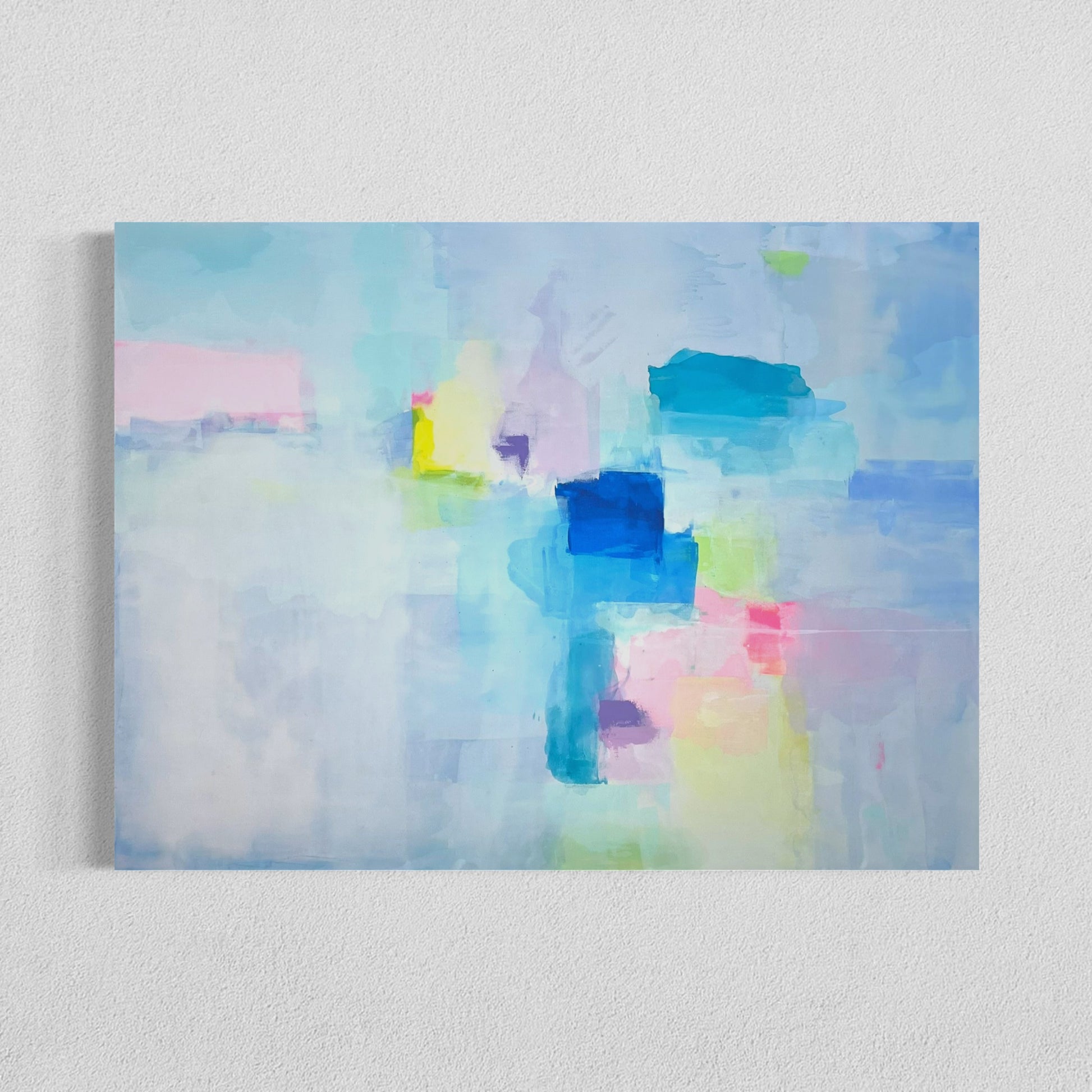 Large abstract art featuring ethereal soft pastel tones of pink, blue, teal, and yellow.