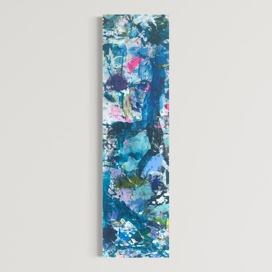 Oblong narrow abstract original painting with blue green and pink tones on a white background for eclectic and modern decor