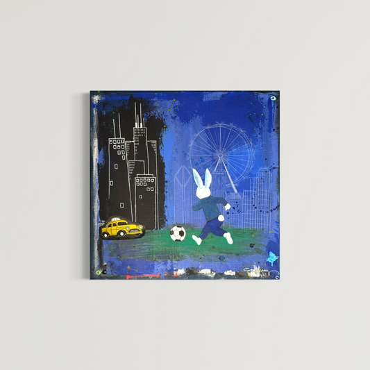 Original abstract expressionism cityscape painting featuring a rabbit playing soccer in front of a Chicago skyline with a Ferris wheel and yellow taxi on a blue textured background.