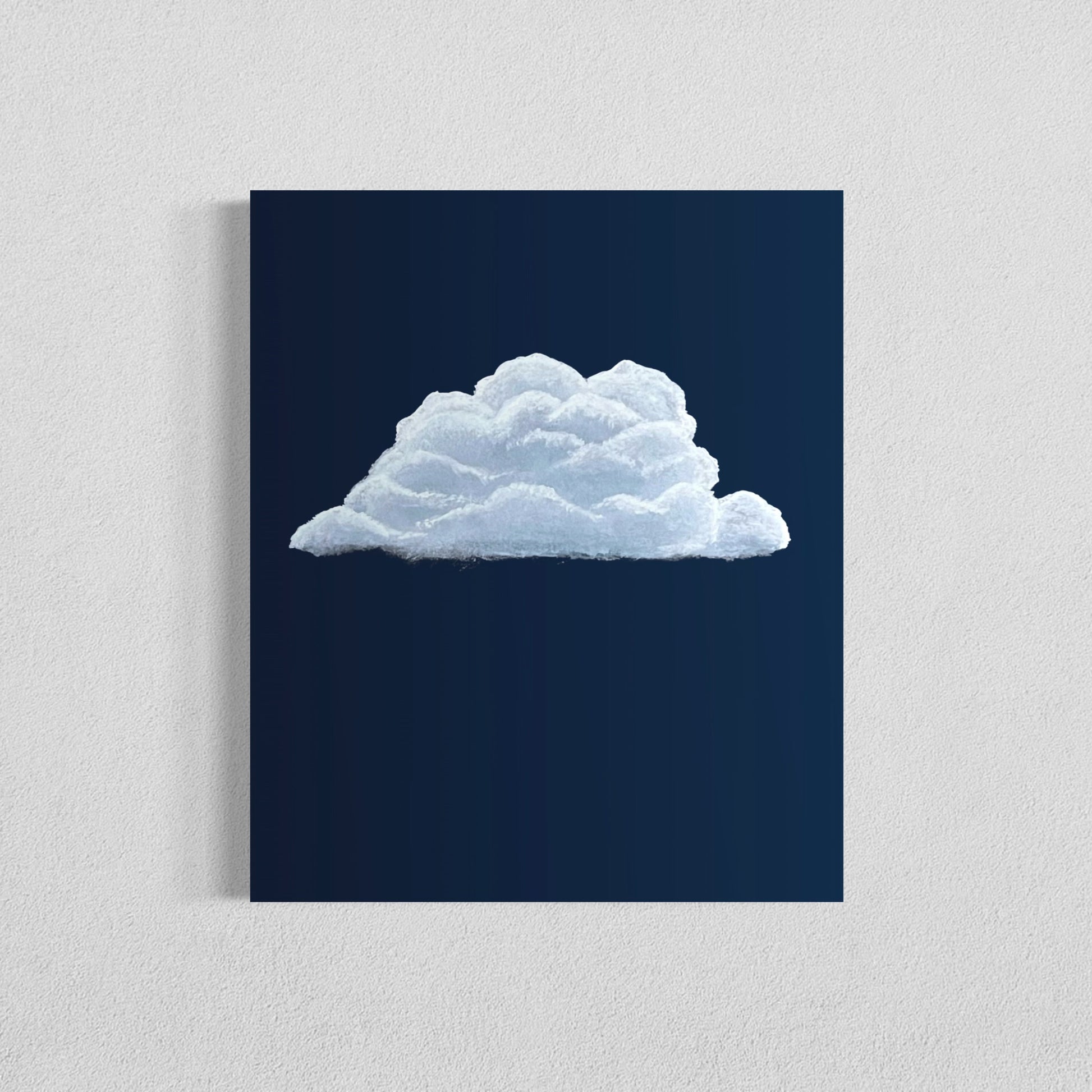 Painting of a single bright cloud floating in a deep navy sky with soft, glowing edges.