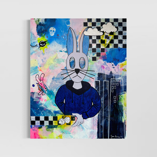 Colorful abstract expressionism painting with a stylized rabbit gambling, holding a dice with Chicago cityscape