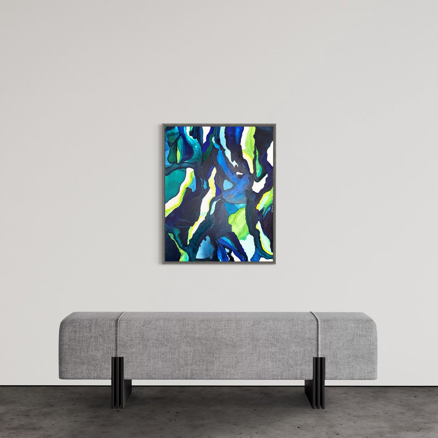 Abstract painting with bold blue, green, and yellow streaks resembling stained glass light patterns.