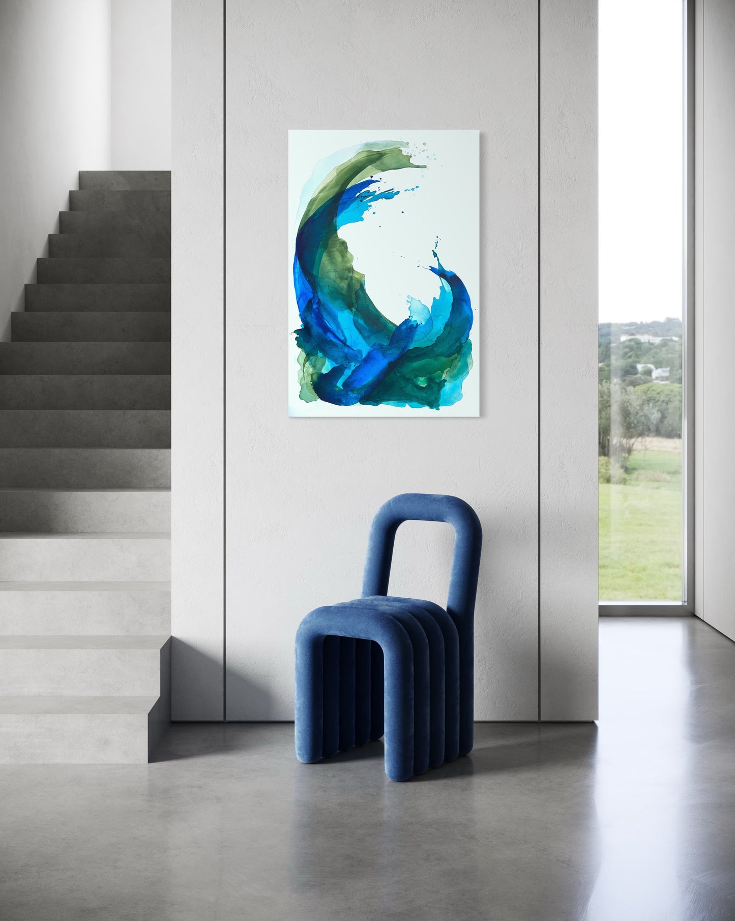 Before The Crash is an affordable  24"x36" Original Abstract Ocean Coastal Watercolor Painting in Blues and Greens and hangs on a white wall.