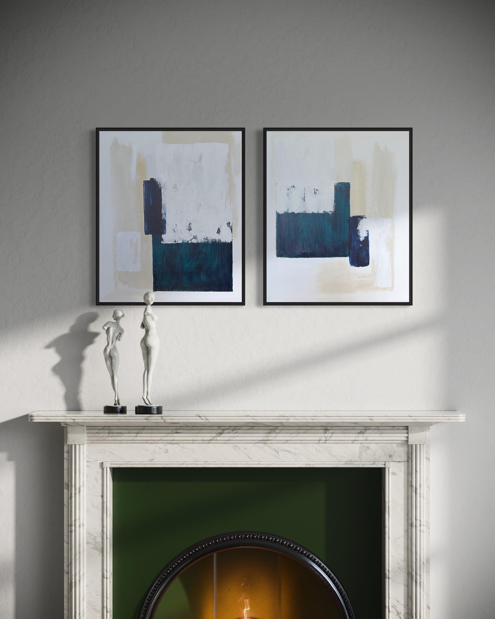 Two beige and turquoise abstract diptych paintings on a wall above a fireplace with green accents.
