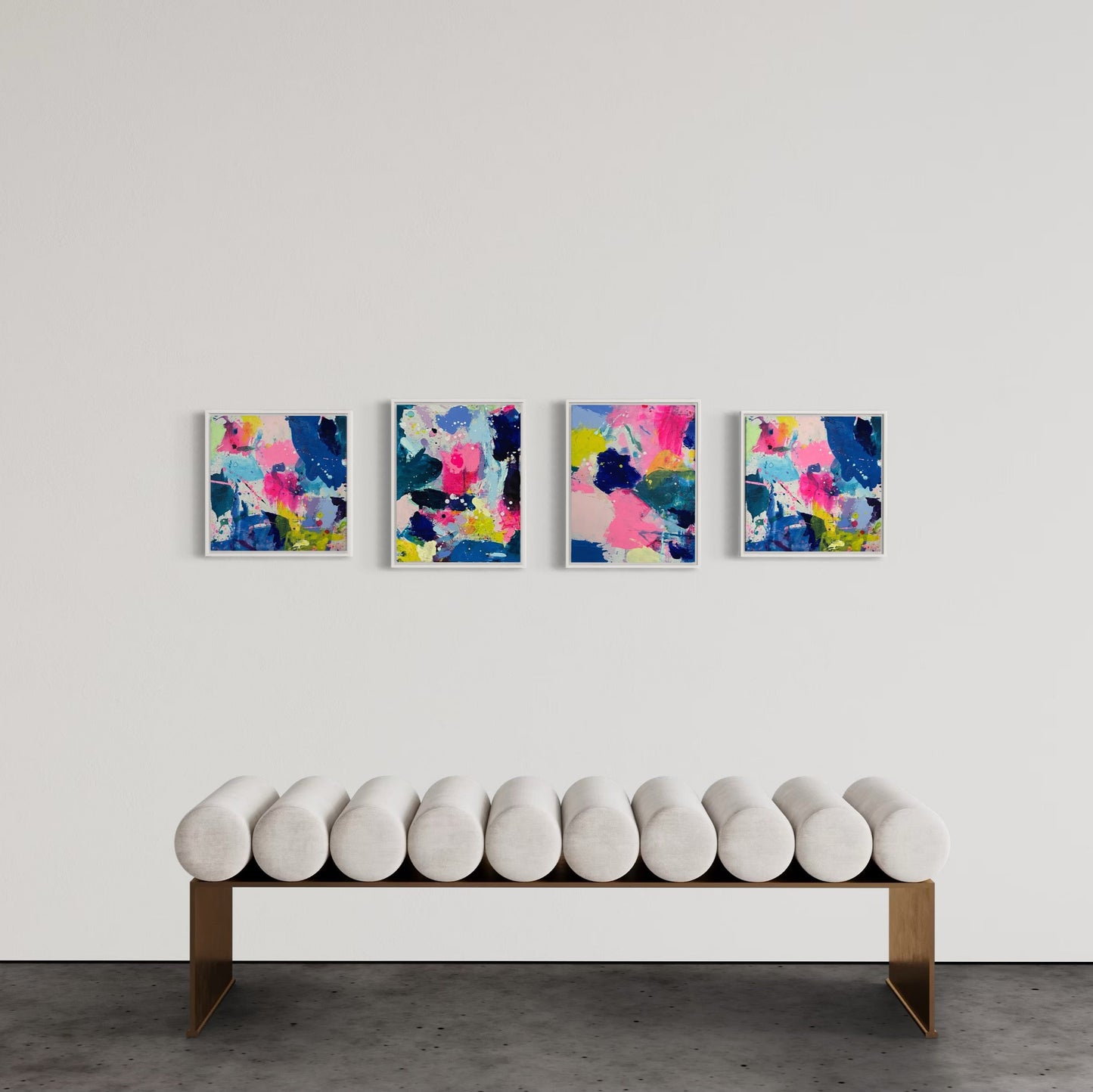 Set of four vibrant abstract mini paintings in pink, blue, and neon yellow on a white gallery wall.