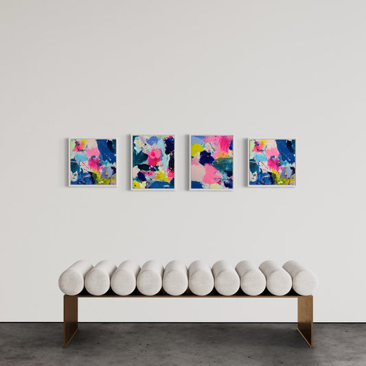 Set of four vibrant abstract mini paintings in pink, blue, and neon yellow on a white gallery wall.