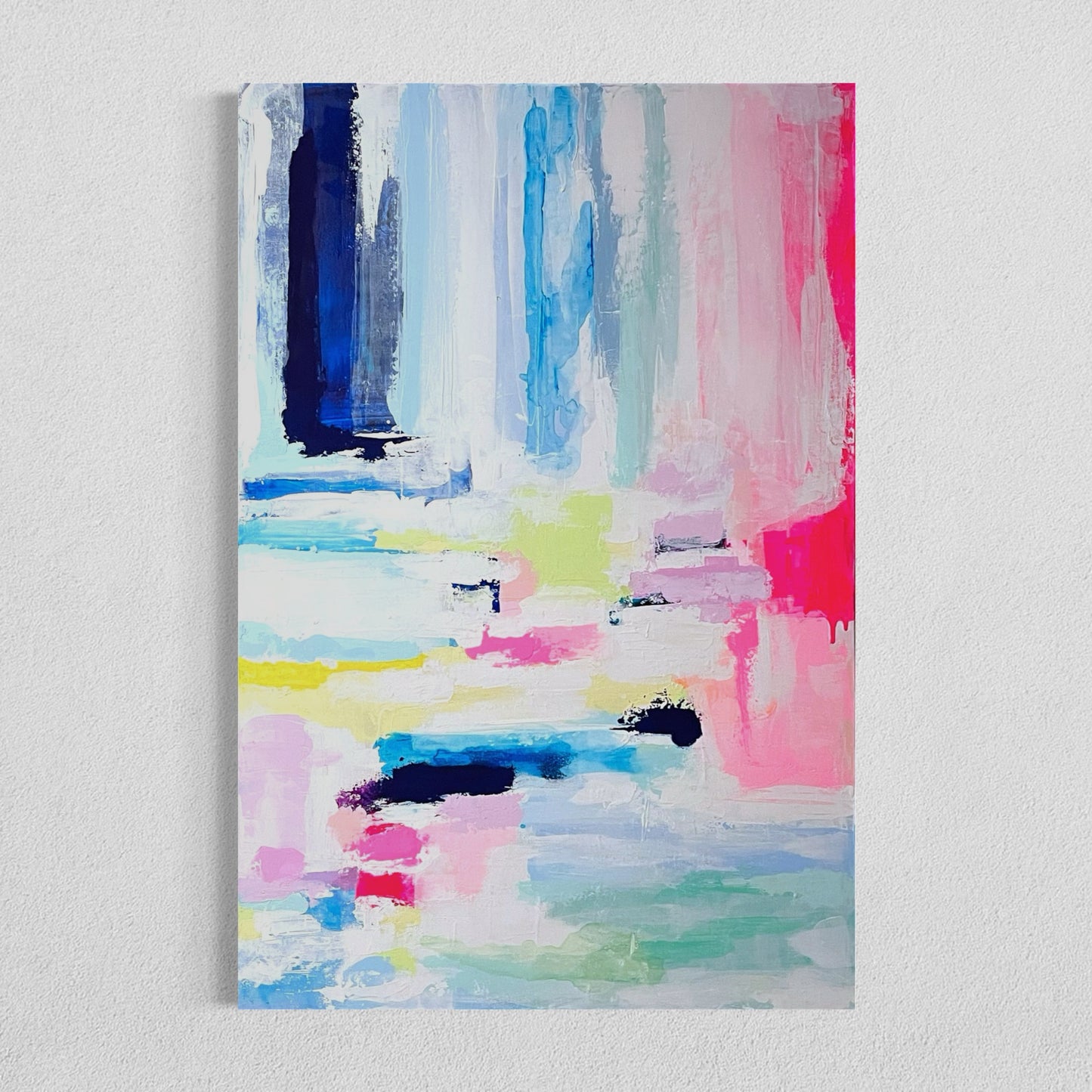 Abstract painting titled Cotton Candy featuring pastel and neon colors including pink, blue, yellow, and green with vertical brushstrokes, part of the Happy Art collection.