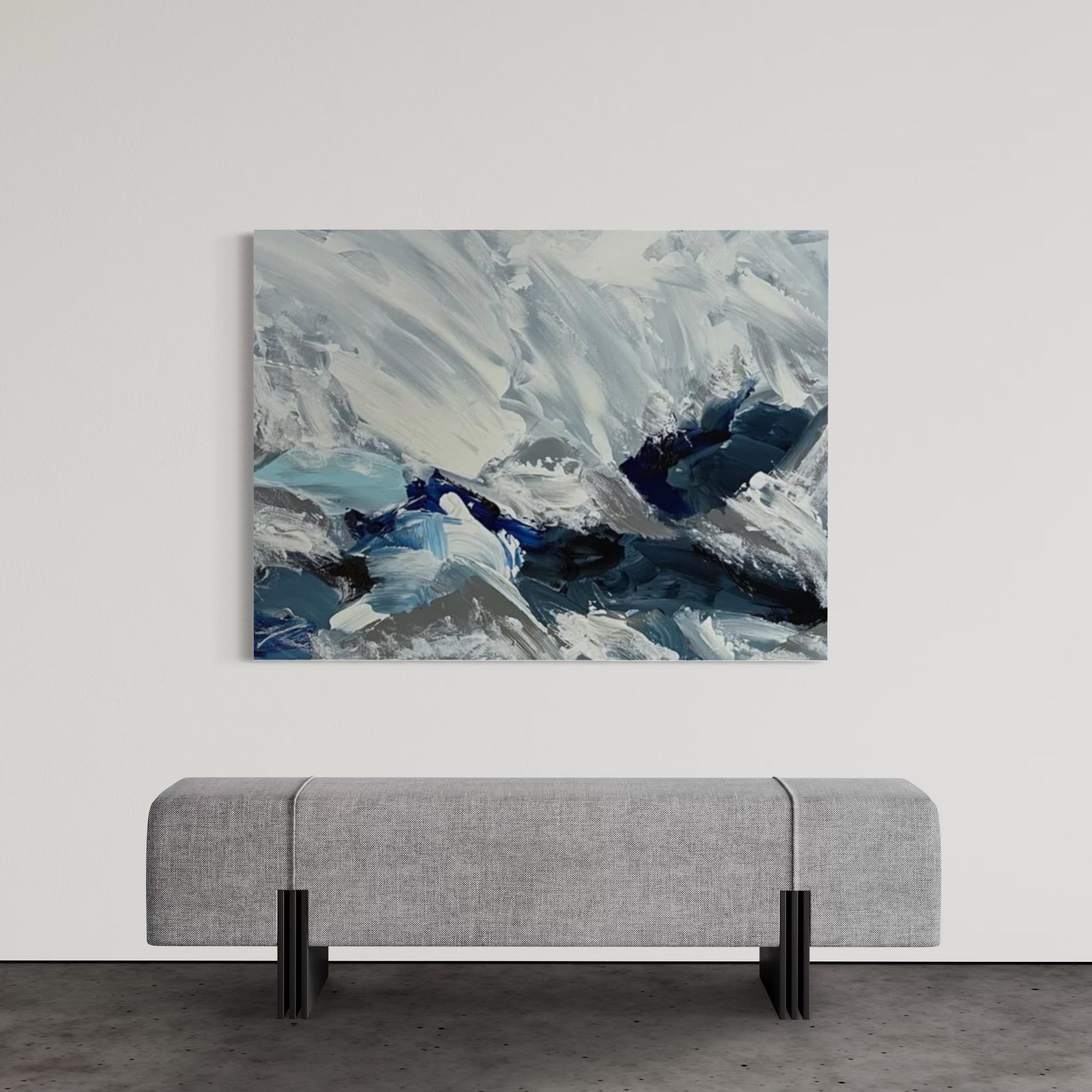 Abstract painting titled Crushed Ice featuring bold, swirling strokes in icy white, slate gray, and deep blue tones, evoking the texture and motion of shattered ice or a snowstorm.