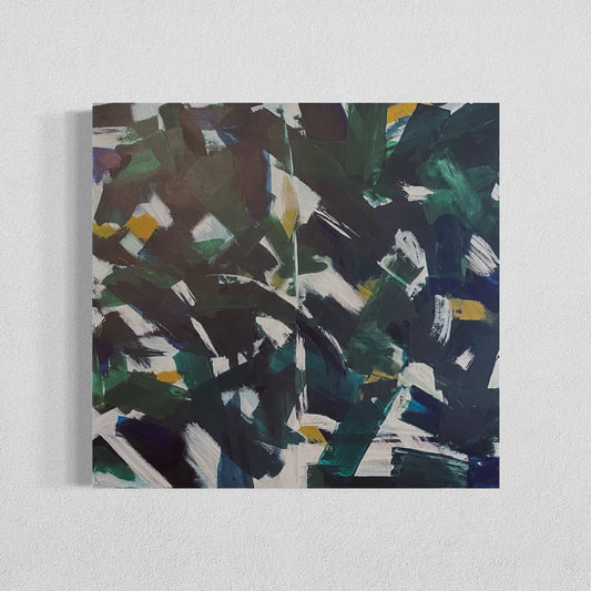 Abstract painting titled “Dark Strokes” featuring dynamic brushstrokes in dark green, black, and white with accents of yellow and navy, evoking a forest-like atmosphere.