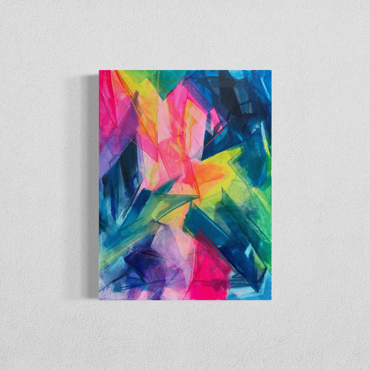 Colorful abstract painting titled “Deconstructed” with vibrant strokes of neon pink, green, blue, and purple