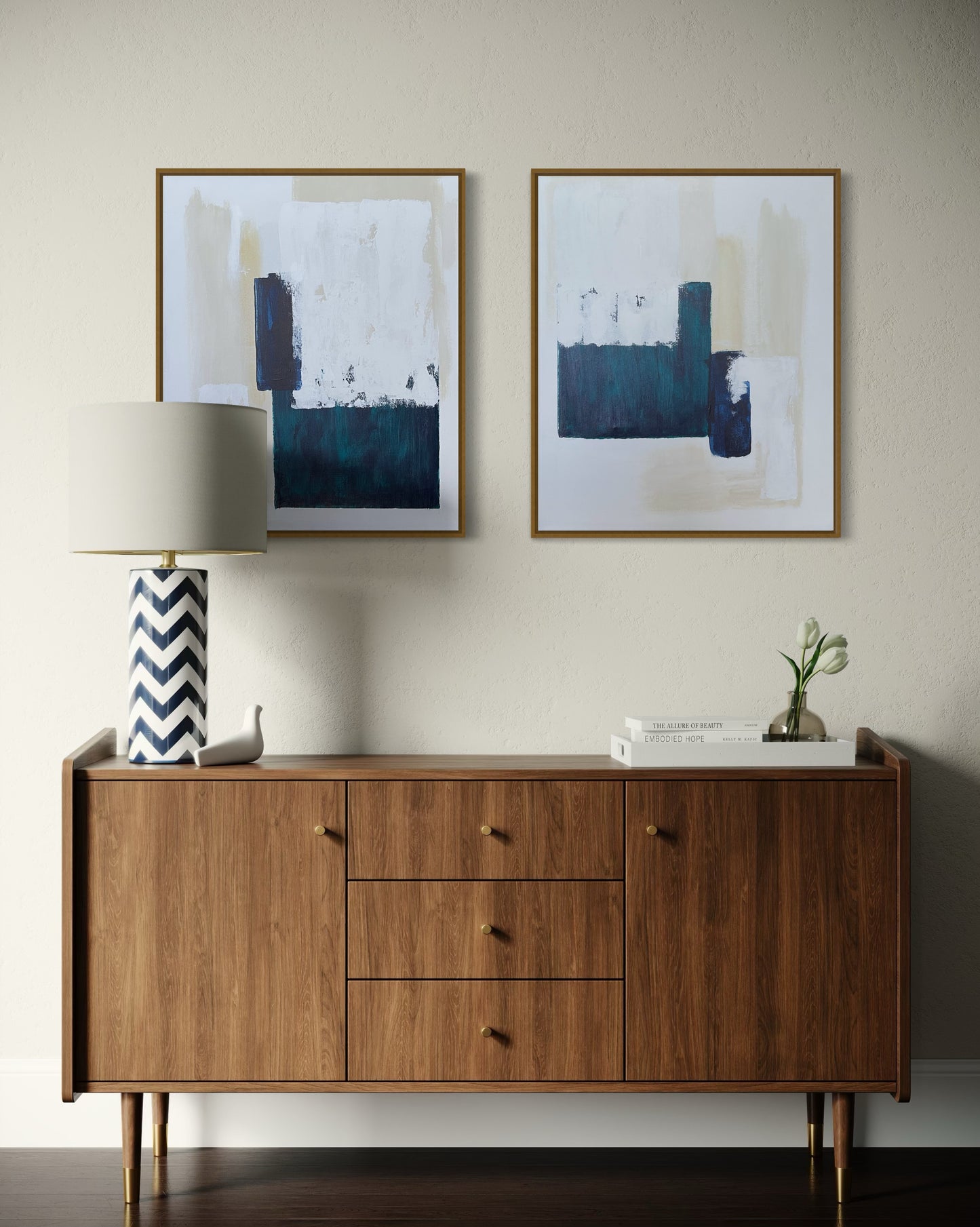 Maple wooden sideboard with beige and turquoise abstract diptych art in a modern entryway
