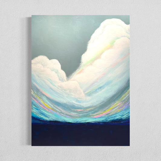 Soft pastel clouds swirling over a deep blue horizon in a serene abstract acrylic painting.
