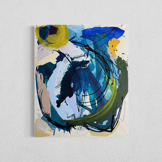 Abstract painting with bold circular strokes in blue, yellow, green, and black on a light background
