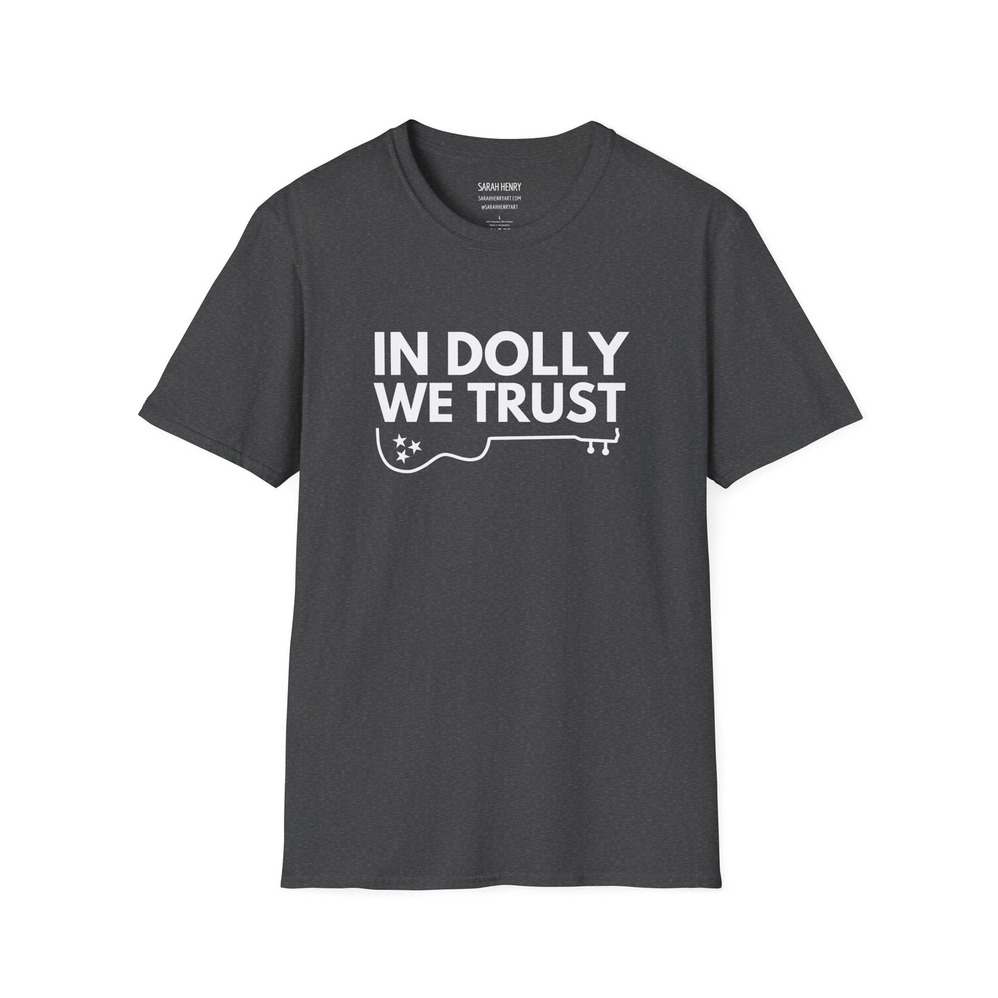 A navy dolly parton shirt with white letters saying In Dolly We Trust