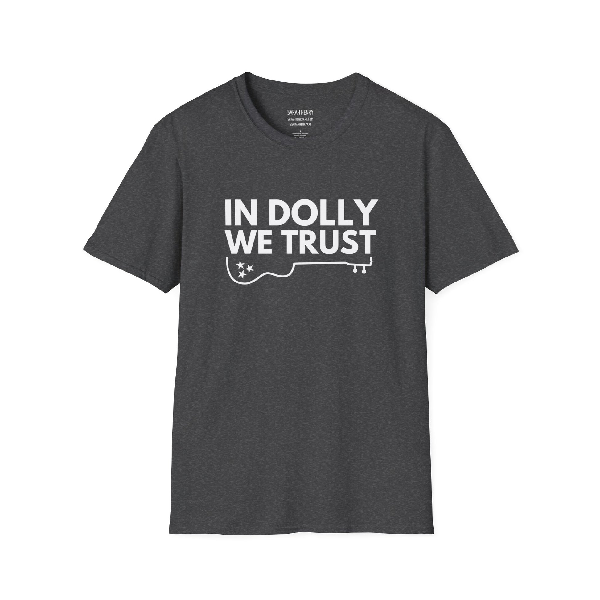 A navy dolly parton shirt with white letters saying In Dolly We Trust