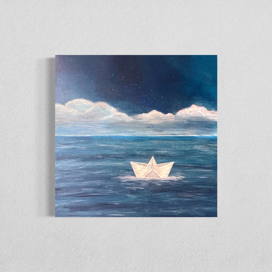 An abstract painting of a paper boat floating on a dark blue ocean under a starlit sky with glowing clouds.