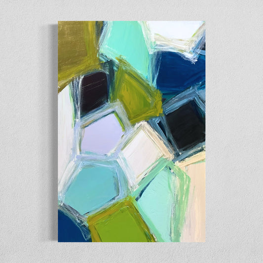 Abstract painting titled "Sea Glass" featuring overlapping geometric shapes in soft oceanic hues like aqua, seafoam green, navy, and olive, resembling weathered sea glass fragments.