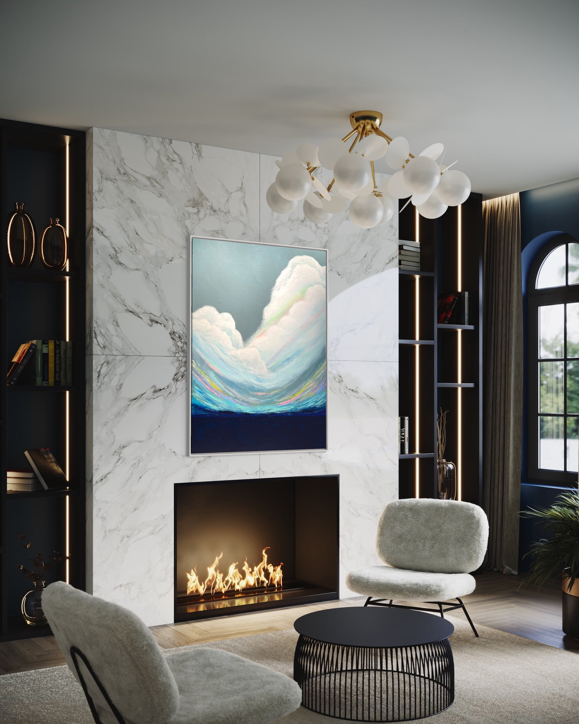 Modern living room with serene cloudscape abstract painting above marble fireplace