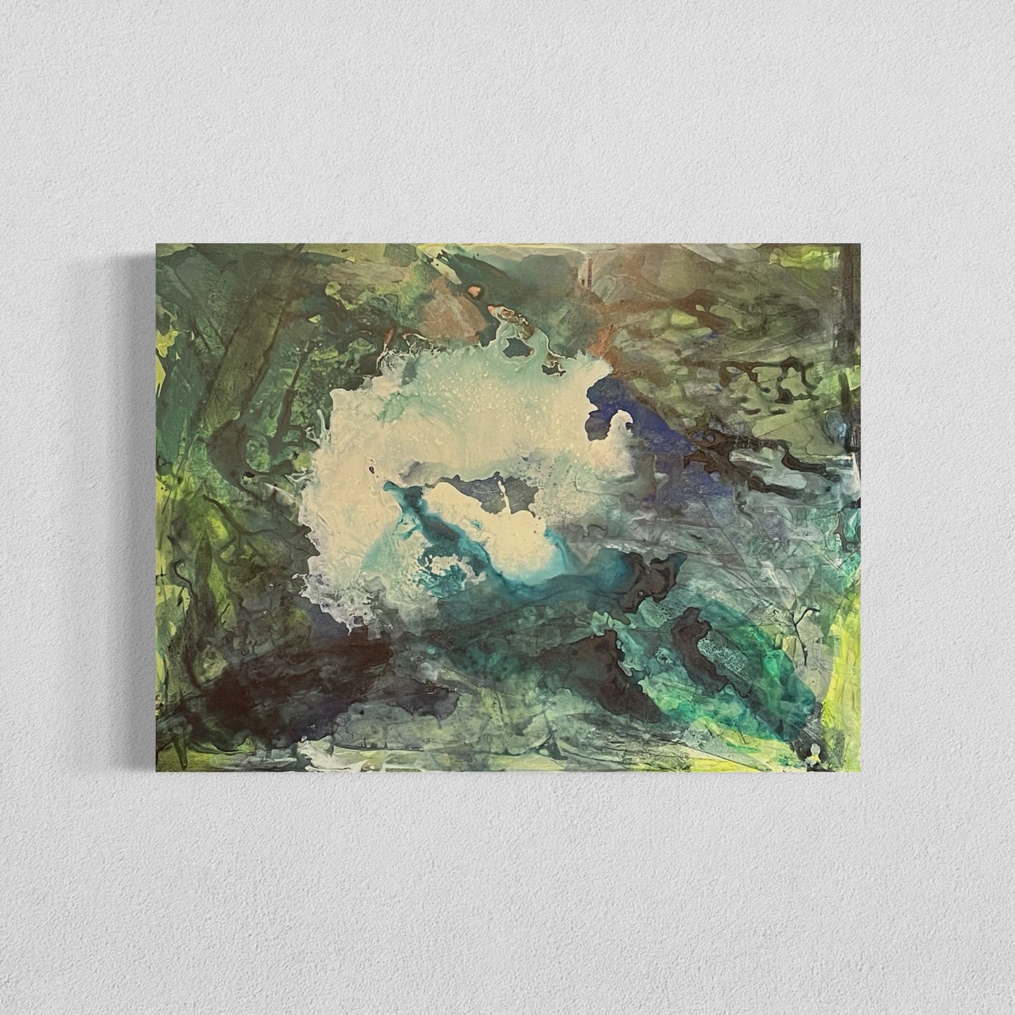 Abstract painting titled "Swimming Hole" featuring swirling shades of green, teal, and blue, resembling a natural water spring surrounded by forest tones.