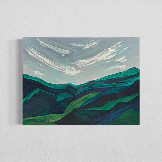 Textured painting of blue-green Tennessee mountains beneath a cloud-streaked sky.